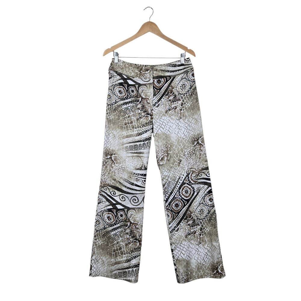 Chico's Pants sz 1 (M) Ivory Tan Brown Geo Mixed Print Zip Fly Zip Pockets